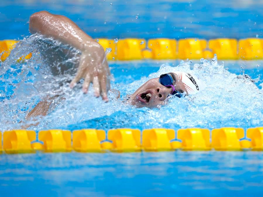 21일 수영 남자 4x200m 자유형 계영 예선이 도쿄 아쿠아틱센터에서 펼쳐졌다. 이날 첫 번째 영자로 나선 중국팀의 쉬하이보(徐海博) 선수. (사진/신화통신)